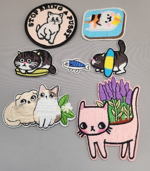 ハンドメイド素材 ネコ+魚の刺繍アイロンワッペン7点セット