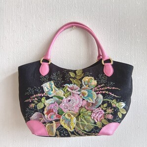 【新品未使用】Think Bee! シンクビー カーラ ビーズ刺繍ハンドバッグ ゴブラン織 花 ピンク ブラック