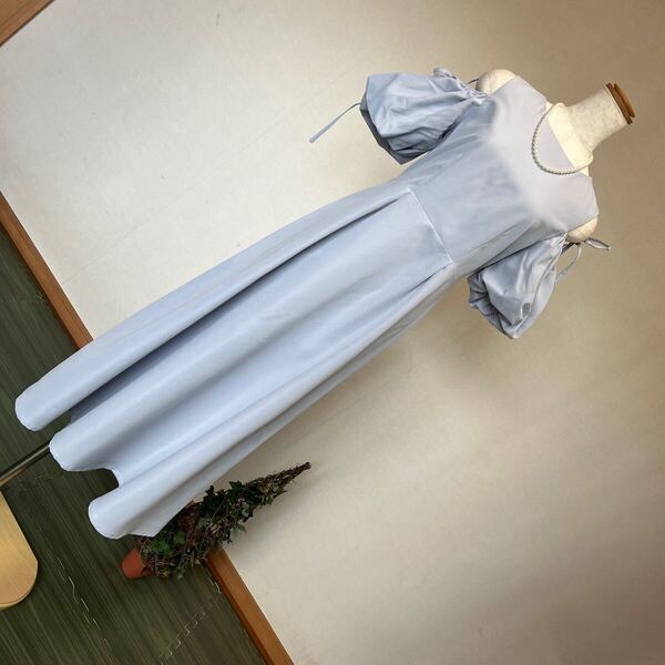 6-7新品 半袖バルーンスリーブ2wayオープンショルダーカットオフロングワンピース ロング丈フレアースカートワンピ ブルー9号 M春 夏