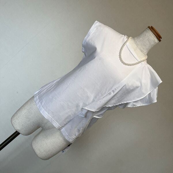 5-7新品 アシンメトリーティアードフリルTシャツ半袖プルオーバー アシメフリルシルケットカットソートップス オフホワイト 9号 M
