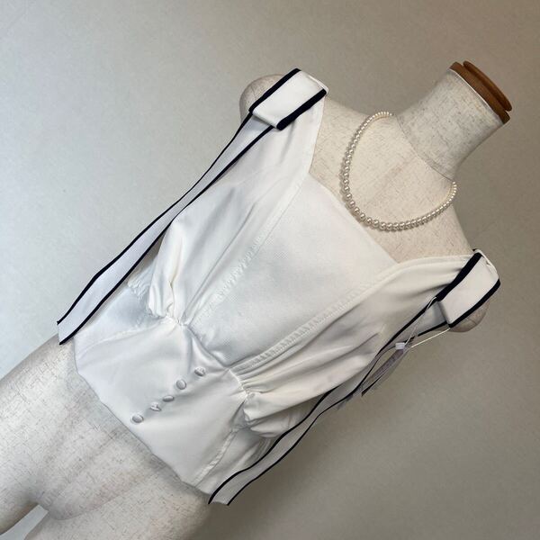 7-7新品 配色肩リボンキャミソール リブニット×シフォン異素材切替ノースリーブカットソートップスビスチェ オフホワイト 9号 M
