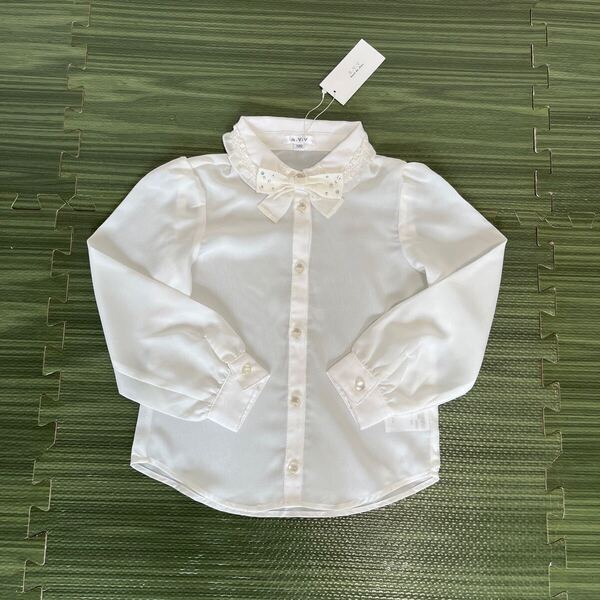 4-7新品 a.v.v アーヴェヴェ キッズフォーマルブラウス白シャツ 長袖シフォンブラウスリボンタイビジュー子供セレモニースーツに 120