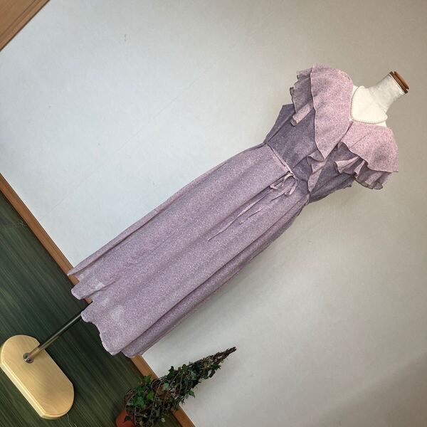 7-7新品alotta アロッタ フリルカシュクールVネックロングワンピース ブラウスワンピース ラベンダーフラワープリント L 11号13号