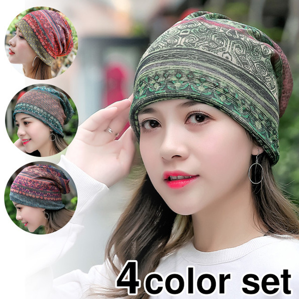 4色セット 3way エスニックターバン ヘアバンダナ 帽子 ネックウォーマー 紫 & 青 &赤 & 緑 exia