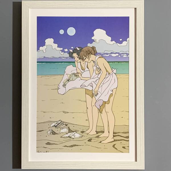 ■江口寿史■「『ハヤカワ文庫 夏のブックパーティー』 広告 2011」/A4額装品/早川書房/海岸/セクシー/美人画/貴重イラスト/印刷物 G2730a