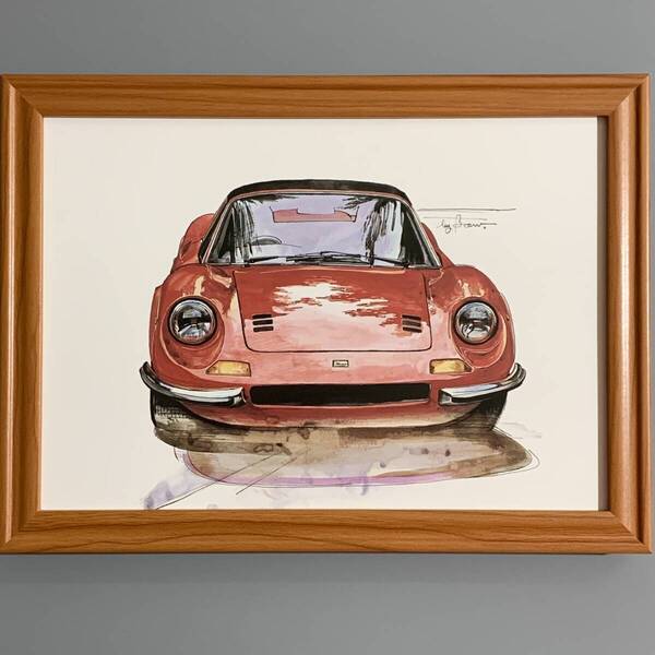 ■BOW/池田和弘■「Ferrari Dino246GT /1984」/B5額装品/貴重イラスト/印刷物/インテリア G1525b