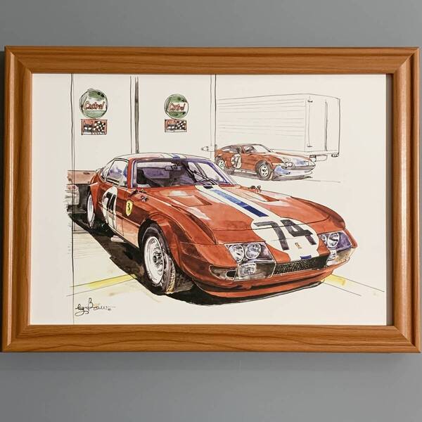 ■BOW/池田和弘■「Ferrari 365GTB /1985」/B5額装品/貴重イラスト/印刷物/インテリア G1481a