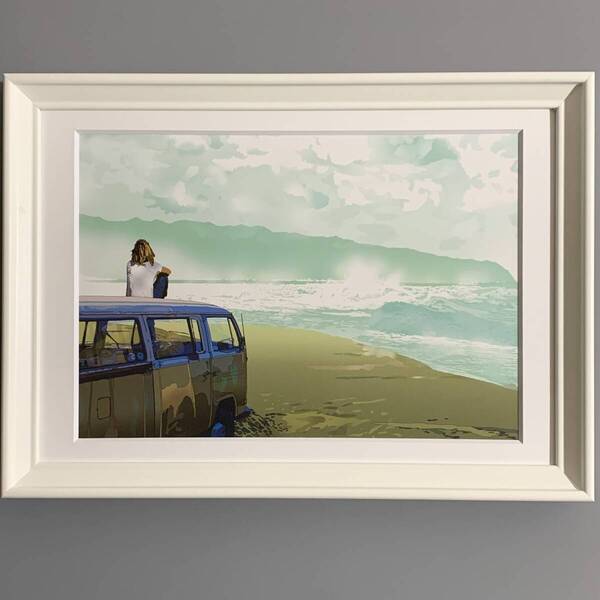 ■鈴木英人■「A SURFER AND HIS WHEELS 2005」/A4マット額装品/スタンド付/サーフィン/波乗り/浜辺/貴重イラスト/印刷物/インテリア G2868