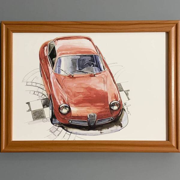 ■BOW/池田和弘■「Alfa Romeo Giulietta SZ 1983」/B5額装品/旧車/貴重イラスト/印刷物/インテリア G2870