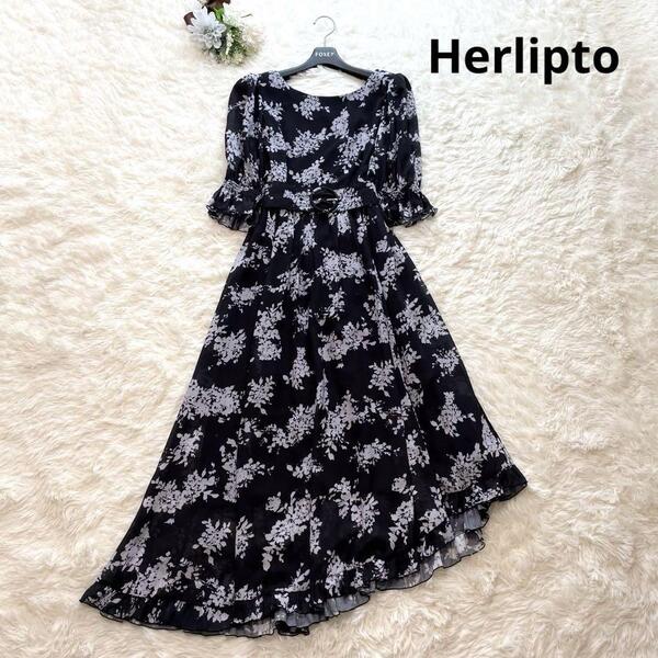 美シルエット Herlipto ハーリップトゥ ワンピース ベルト 花 フラワー 総柄 黒 M ジャガード Aライン 春夏 旅行 アシンメトリー