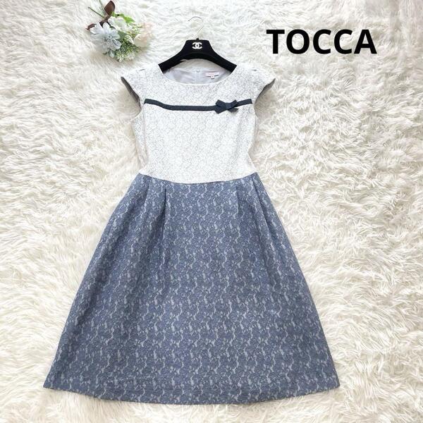 清楚 TOCCA トッカ ワンピース 刺繍 花 レース M 白 青 水色 リボン 半袖 美シルエット Aライン 美シルエット 夏 高級感 レディース