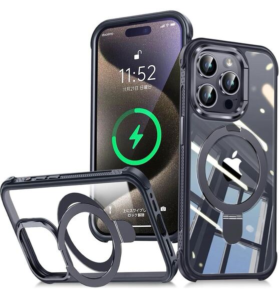 【米軍MIL規格】iPhone15用 ケース ワイヤレス充電対応 縦横両対応 TPUバンパー 軍用規格保護 耐衝撃 (ブラック)