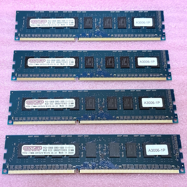 >センチュリーマイクロ CD8G-D3UE1600 4枚セット *PC3-12800E/DDR3-1600 SK hynixチップ ECC Unbuffered DDR3 UDIMM 32GB(8GB x4) 動作品