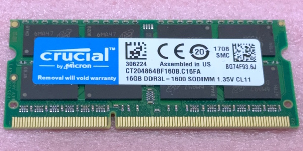 ◎Crucial CT204864BF160B *PC3L-12800S/DDR3L-1600 Micronチップ 204Pin DDR3 SO-DIMM 16GB 動作品