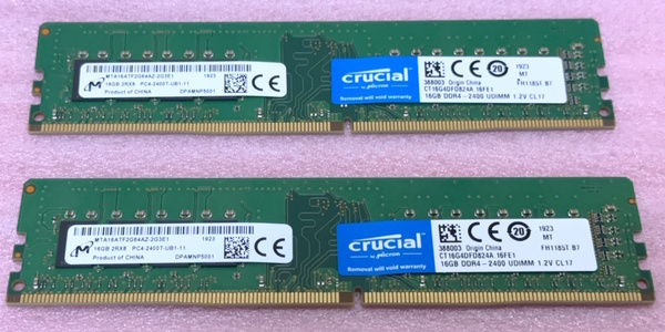 ☆Crucial CT16G4DFD824A 2枚セット *PC4-19200/DDR4-2400 Micronチップ 288Pin DDR4 UDIMM 32GB(16GB x2) 動作品