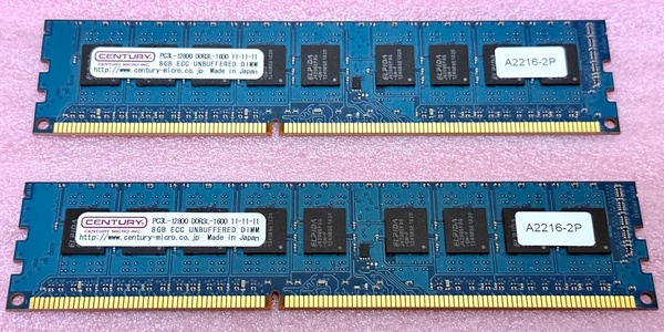 >センチュリーマイクロ CD8G-D3LUE1600 2枚セット *PC3L-12800E/DDR3L-1600 ECC Unbuffered 240Pin DDR3 UDIMM 16GB(8GB x2) 動作品