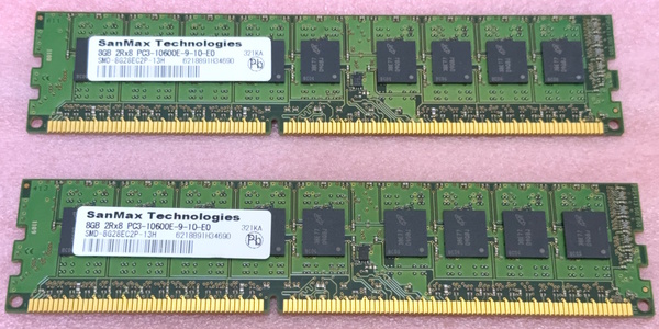 >SanMax SMD-8G28EC2P-13H 2枚セット *PC3-10600E/DDR3-1333 Micronチップ ECC Unbuffered 240Pin DDR3 UDIMM 16GB(8GB x2) 動作品
