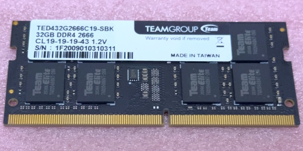 ∠Team TED432G2666C19-SBK *PC4-21300/DDR4-2666 260Pin DDR4 SO-DIMM 32GB 動作品