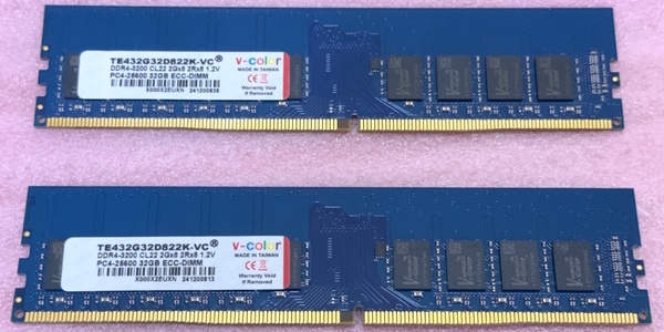 ◎v-color TE432G32D822K-VC 2枚セット *PC4-25600/DDR4-3200 ECC Unbuffered 288Pin DDR4 UDIMM 64GB(32GB x2) 動作品