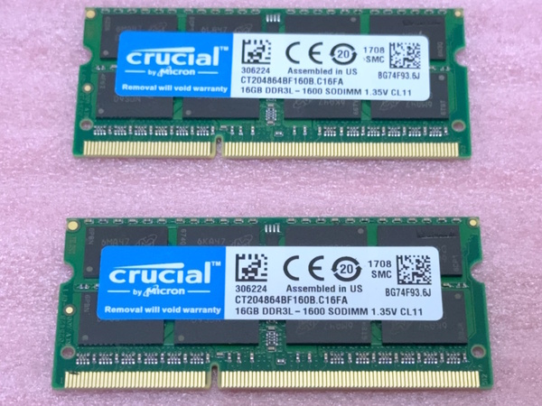◆Crucial CT204864BF160B 2枚セット *PC3L-12800S/DDR3L-1600 Micronチップ 204Pin DDR3 SO-DIMM 32GB(16GB x2) 動作品