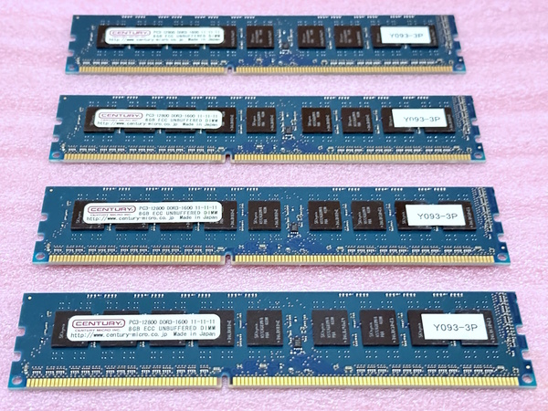 #センチュリーマイクロ CD8G-D3UE1600 4枚セット *PC3-12800E/DDR3-1600 SK hynixチップ ECC Unbuffered DDR3 UDIMM 32GB(8GB x4) 動作品