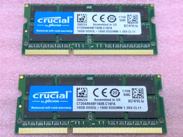 ◇Crucial CT204864BF160B 2枚セット *PC3L-12800S/DDR3L-1600 Micronチップ 204Pin DDR3 SO-DIMM 32GB(16GB x2) 動作品