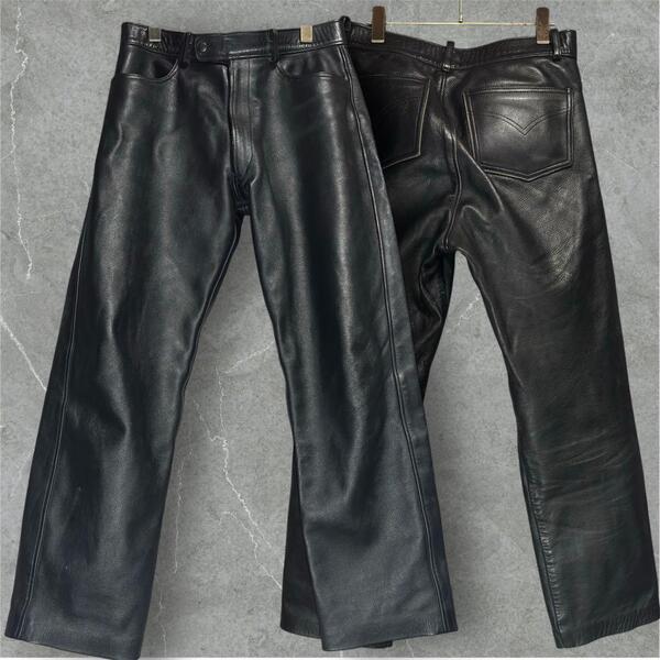 Real Leather Black Pants レザーパンツ 本革 リアルレザー 革パンツ ブラック Y2K リーバイス風ポケット 裏地メッシュ メンズ W86相当