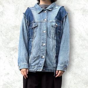 ③オリジナル リメイク デニム ジャケット オーバーサイズ ドッキングデザイン Gジャン グランジ アウター ユニセックス 一点物