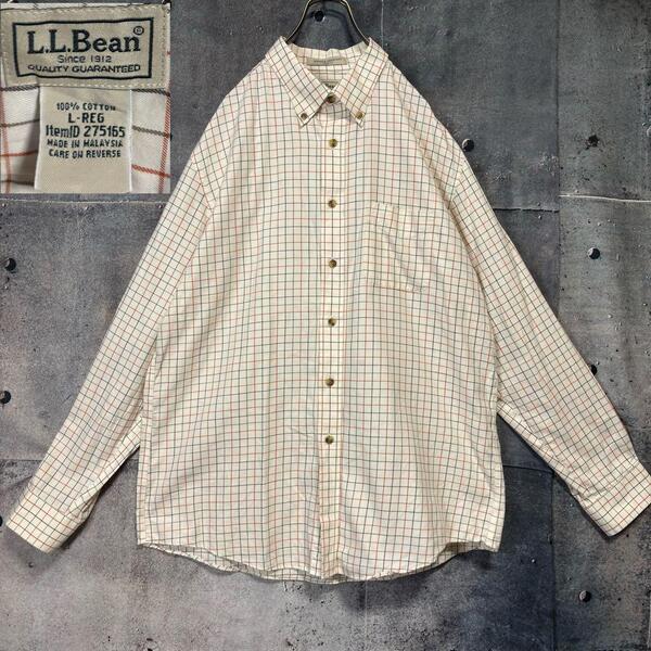 L.L.Bean 00s ヴィンテージ Wrinkle Resistant 安定形状シャツ チェックシャツ L トラッド系 オレンジ×ブラウン USA古着 アメカジ