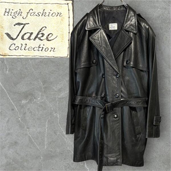 Vintage Leather Trench Coat ヴィンテージ Jake Collection レザートレンチコート 黒 ダブル仕様 メンズM相当 オールドレザー 革ジャン
