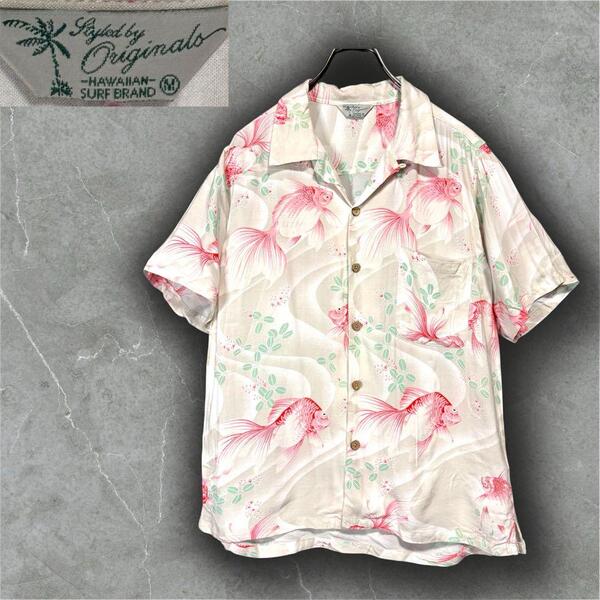 Y2K Vintage Goldfish HawaiianShirt Rayon100% Mサイズ 和モダン アロハシャツ 金魚柄 00s レトロ レーヨン 和柄 ヴィンテージ 古着