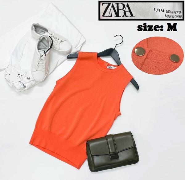 ZARA /M/ オレンジ ニットベスト ノースリーブトップス ゴールドボタン レディース タグ付き 通勤 大人可愛い生地ナイロン混 デイリー ザラ