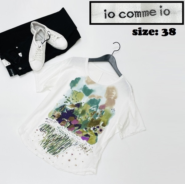 io comme io【38】ホワイト Tシャツ 半袖トップス カットソー 花柄 生地コットン混 カジュアル春夏 旅行 マツオ センソユニコ イオコムイオ