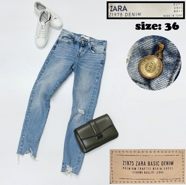 ZARA /36/ ブルー デニムパンツ ジーンズ ゴールドボタン フェイクパールアクセサリー アウトドアバイクキャンプ 生地コットン混 通勤 ザラ