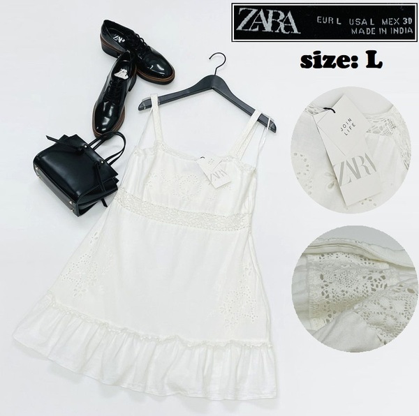ZARA【L】ホワイト ワンピース ノースリーブドレス 刺繍レースフリルキャミレディース タグ付き カジュアル 大人可愛い生地コットン混 ザラ