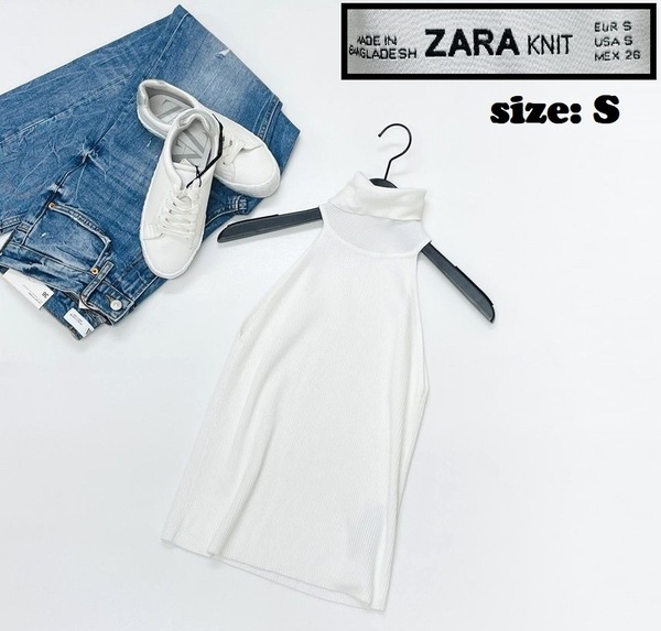 ZARA【S】ホワイト ノースリーブニット タートルネックトップス レディース カジュアル フェミニン大人可愛い生地ナイロン混 デイリー ザラ