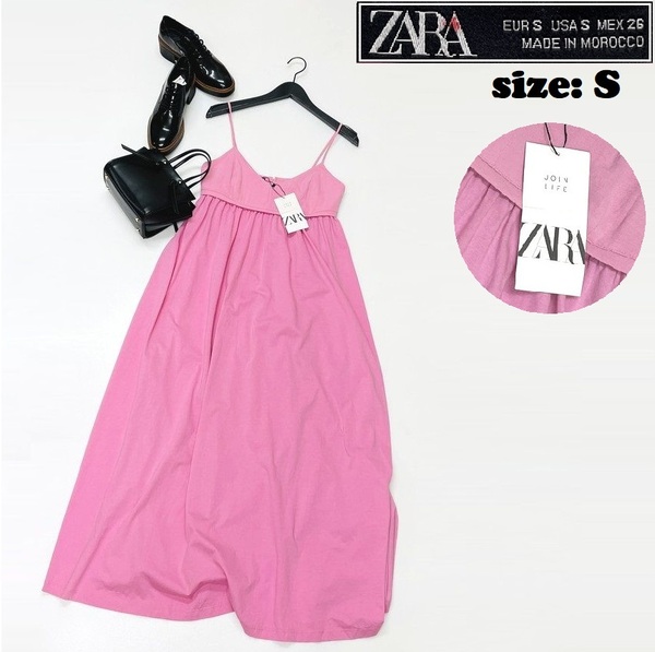 ZARA /S/ ピンク ワンピース ドレス ノースリーブ キャミワンピ レディース タグ付き カジュアル フェミニン 大人可愛い生地 ガーリー ザラ