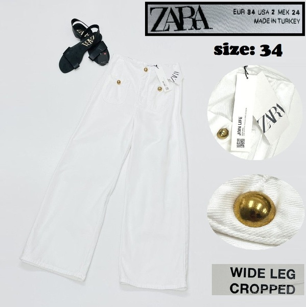 ZARA【34】ホワイトデニムパンツ ワイドジーンズ ゴールドボタン タグ付き スポーツゴルフ バイク キャンプ アウトドア 生地 コットン ザラ