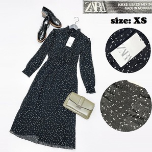 ZARA /XS/ ブラック ドットプリーツ長袖ワンピース ロングドレス 長袖 レディース タグ付き カジュアル フェミニン 大人可愛い生地 ザラ