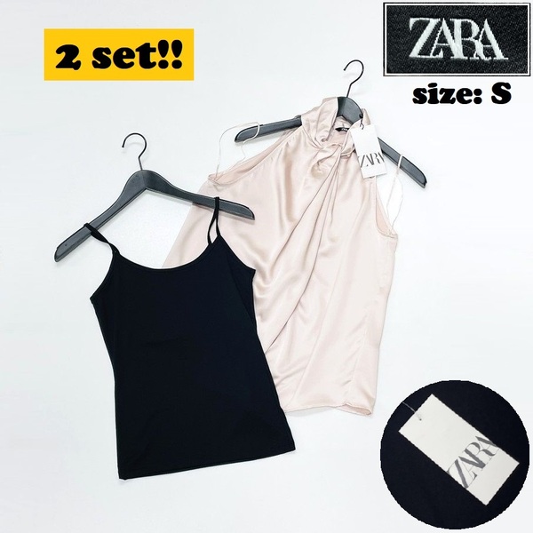 2セットまとめ売り ZARA /S/ ピンク系 ブラウス ブラック キャミソール トップスレディースタグ付きカジュアル大人可愛い生地ナイロン ザラ