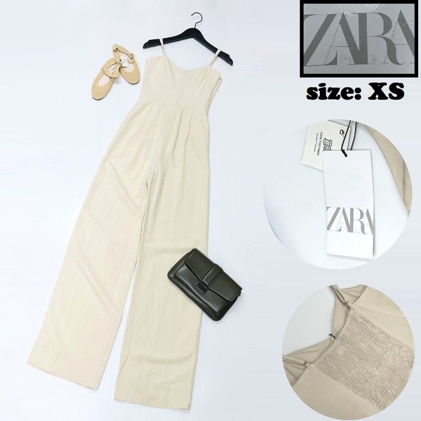 ZARA /XS/ ベージュ系 ジャンプスーツ パンツ レディース タグ付き カジュアル ボトム 通勤大人可愛いコットン リネン混生地 デイリー ザラ
