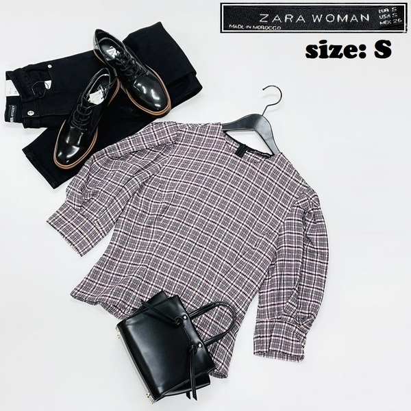 ZARA /S/ ピンク系 ブラウス チェックトップス レディース カジュアル 通勤 フェミニン 大人可愛い ガーリー デイリー コットン混生地 ザラ