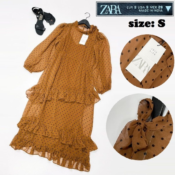ZARA /S/ ワンピース 長袖ドレス シアー インナーキャミソール レディース タグ付き セクシー 通勤大人可愛い生地 ショルダーリボン ザラ