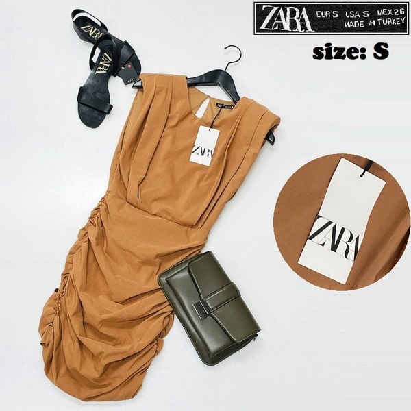 ZARA /S/ ブラウン系 ドレープワンピース ミニドレスノースリーブ レディース タグ付きカジュアルフェミニン大人可愛い生地コットン混 ザラ