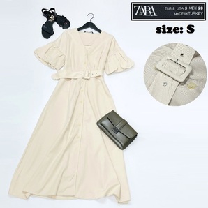 ZARA /S/ ベージュ ロングワンピース フレアドレス ベルト バルーンスリーブ レディース カジュアル大人可愛い生地コットン混デイリー ザラ