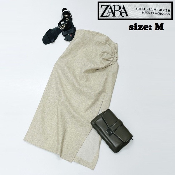 ZARA /M/ ベージュ系 スリットスカート レディース 生地コットンリネン混 カジュアル 通勤 フェミニン 大人可愛い ガーリー デイリー ザラ