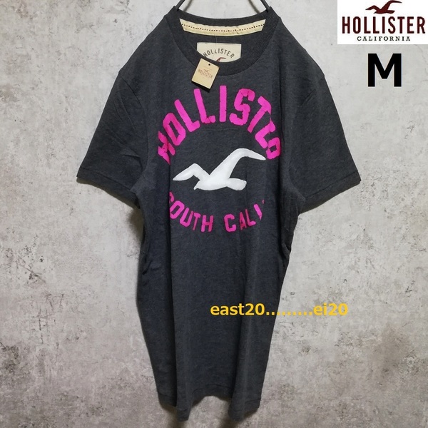 新品 HOLLISTER ホリスター 定番 ヴィンテージ ダメージ クラック ビッグ ロゴ Tシャツ M 灰 未使用 アメカジ アバクロ Y2K 即決 送料無料