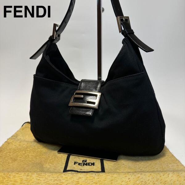 o82【極美品】フェンディ FENDI コットン ジャージー レザー ブラック 黒 マンマバケット ショルダーバッグ ハンドバッグ