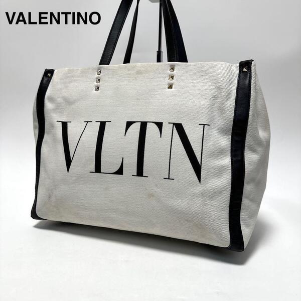 p06 ヴァレンティノ VALENTINO キャンバス VLTN レザー スタッズ ビジュー ハンドバッグ トートバッグ ワンショルダーバッグ
