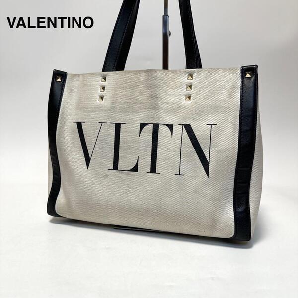 p15 ヴァレンティノ VALENTINO キャンバス VLTN レザー スタッズ ハンドバッグ トートバッグ ワンショルダーバッグ